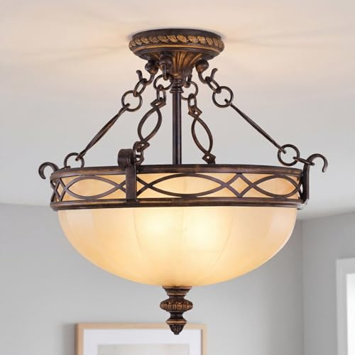 Licht-Erlebnisse Deckenleuchte Landhaus Creme Walnuss Glas Metall Esszimmer 2-flammig E27 Ø39 cm rund blendarm Vintage Klassisch Wohnzimmer Rustikale Deckenlampe Flur