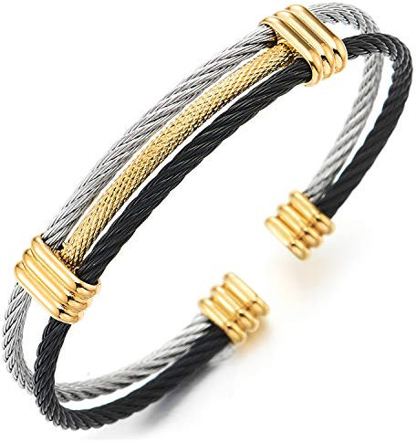 COOLSTEELANDBEYOND Edelstahl Elastische Herren Damen Armband Verstellbare Stahlkabel Armreif Silber Gold Schwarz