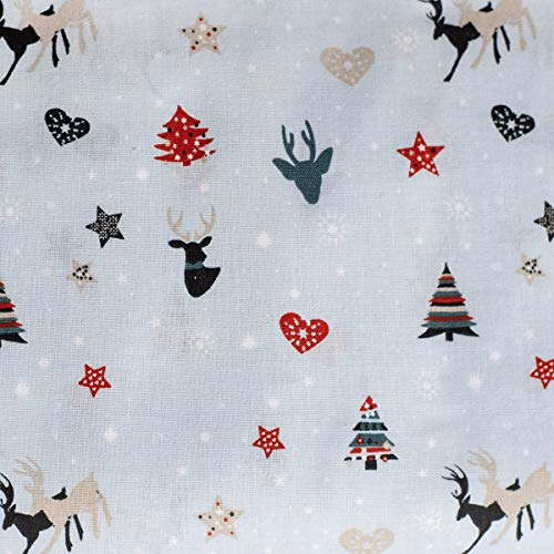 Goldschmidt (11,90 /M Stoff Baumwolle Hirsche Herzen | Popeline Weihnachtsmuster hellblau hellgrau | Weihnachtsstoff Baumwollstoff Weihnachten | Meterware