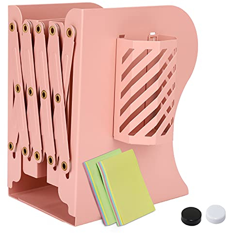 Buchstütze,DARUITE Buchstützen mit Stifthalter,Bücherhalter für Regal,Verstellbar Kinder Metall Bücherhalter,Bookends für Bücherregal Küche Büro Schule Bibliothek(Rosa