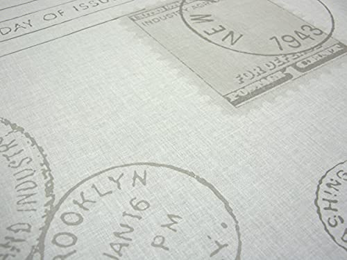 Dekostoff STAMP Meterware | Breite 150cm in 0,5m Schritten | Vorhangstoff mit Stempel Briefmarken Vintage wollweiß mit Druckmotiv und Schrift
