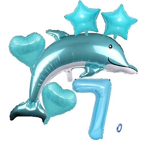 Delfin Blau Junge Folienballon 7.Geburtstag Junge Blau Delfin Luftballon Set XL Zahlen Ballon Zahl 7 Folienballon Meerestier Luftballons Numbers 7 Foil Balloon 7 Jahre Junge Sternfolie Luftballon