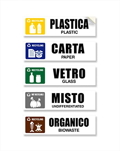 Readyprint Aufkleber für Mülltrennung, klein, 15 x 4 cm, aus weichem Vinyl, wasserdicht, waschbar, in Italienisch und Englisch, mit Illustrationen