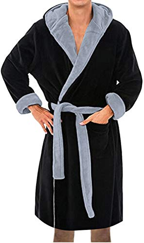 KPNV Herren Übergröße Bademantel mit Kapuze Winter Warm lang Flauschig Angenehm Weich 100% Baumwolle Pyjama Nachtwäsche Flanell Saunamantel Nachthemd mit Gürtel Tasche S-5XL (03-Schwarz, XXL)