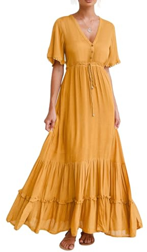 R.Vivimos Abito Boho Estivo Donna Abito Sexy Scollo a V Bottoni Manica Corta Vestito Elegante con Volant Orlo Abito Lungo Maxi da Spiaggia Casual per Le Vacanze(XL,Zenzero)