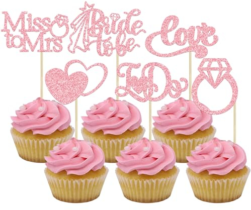 Gyufise 24Pcs Bride to Be Cupcake Toppers Pink Glitter I Do Love Heart Ring Miss To Mrs Cupcake Picks Bridal Shower Cake Decorations for Wedding Engagement Bachelorette Party Supplies
