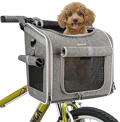 BABEYER Hundefahrradkorb, erweiterbarer, weicher Fahrradtransportrucksack mit 4 offenen Türen, 4 Mesh-Fenster für kleine Hundekatzenwelpen - grau