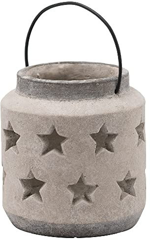 Grey Stone Textured Ceramic Round Stars Cutout Lantern Candle Holder | 19cm Height | New Home Gift | Birthday Present