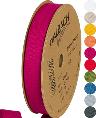 Halbach Seidenbänder Baumwollband 20 mm x m, Bänder zum Basteln als Meterware, Stoffband für Dekorationen, Webband 100% Baumwolle DIY Handwerk, Schrägband Näharbeiten, Farbe: pink, 24500