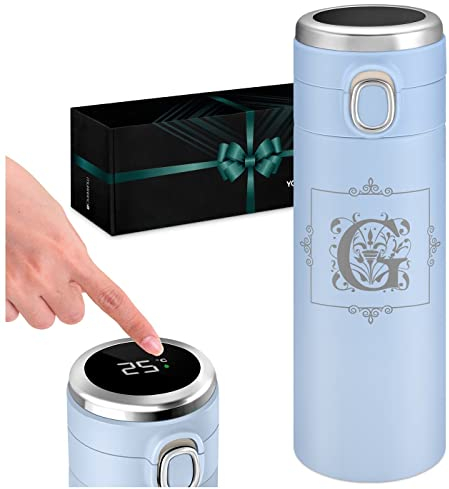 Maverton Thermos tè caffè 400 ml - borraccia con incisione personalizzata in acciaio inox - coperchio ermetico one-touch - tazza termica con display led - per donna - blue - Iniziale