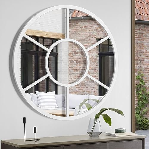 Warmiehomy Wall Mirror 50cm Round Window Mirror White Garden Mirror with Frame for Courtyard,Living Room,Hallway