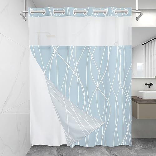 LXBNI No Hook Light Blue Striped Bathroom Curtains, Shower Curtain with Snap in Fabric Liner Set - Hotel Shower Curtain and Liner Set with See Through Mesh Top Window, Machine Washable, 71x74 INCH