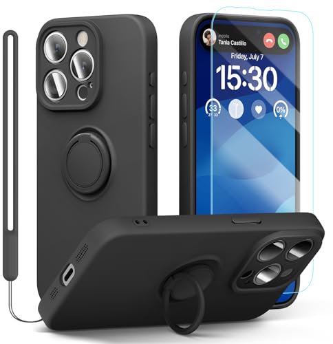 pcgaga Silicone Phone Case for iPhone 15 Pro with Screen Protector [Ring Holder Stand] [Wrist Strap] [Microfiber Lining] Slim Shockproof Protective Cover, 6.1, Black