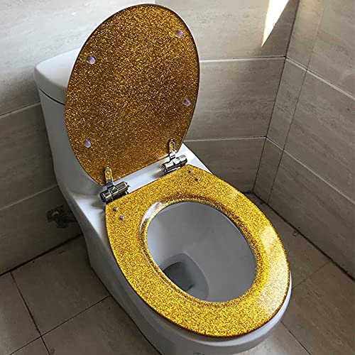 Abattant de WC en résine pailletée, siège de toilette rond à fermeture douce, facile à installer et à retirer, pour toilettes standard (quatre couleurs disponibles)/doré