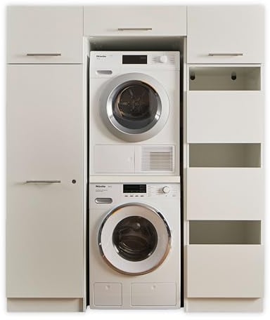 LAUNDREEZY Waschmaschinenschrank für Trockner und Waschmaschine, Wäscheschrank, Mehrzweckschrank und 2x Schrankaufsatz, Weiß - 167,5 x 200 x 67,5 cm (B/H/T)