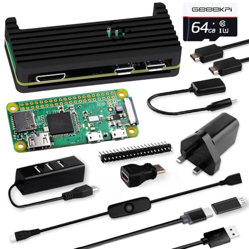 GeeekPi Raspberry Pi Zero W Starter Kit, with RPi Zero W Aluminum Case, QC3.0 Power Supply, 64GB Card Preloaded OS, 20Pin Header, Micro USB to OTG Adapter, HDMI Cable,Switch Cable and 4 Port USB Hub