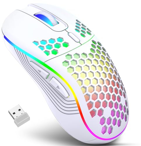 JYCSTE Kabellose Gaming Maus, wiederaufladbare Computermaus Ergonomische Maus Honeycomb Design mit RGB-Hintergrundbeleuchtung, USB-Empfänger, einstellbare DPI, für PC/Mac/Laptop (weiß)
