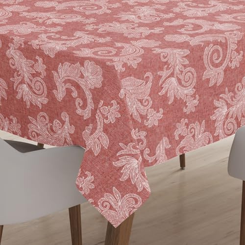 Encasa XO Jacquard Tischdecke Baumwolle, Blumen 145x145 cm Red | 4 Seater | 100% Chambray Baumwolle | Damast Blumenmuster | Maschinenwaschbar | Familienfeiern