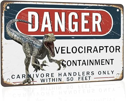 Blechschild „Danger Velociraptor Containment“, Metallschild, 30,5 x 20,3 cm