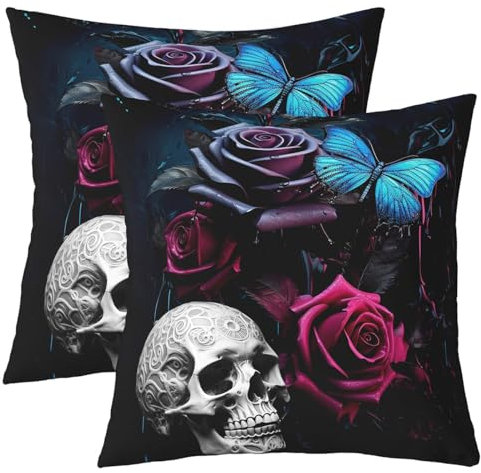 Gothic Floral Schädel Kissenbezüge für Couch Schlafsofa, Retro rote Rosen Blaue Schmetterling Kissenbezüge 40x40 Set von 2,Dark Night Theme Schädel Quadratische Kissenbezüge Set für Wohnzimmer