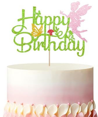 Fairy Happy Birthday Cake Topper, Fairy Princess Birthday Cake Decor, Green Glitter Fairy Butterfly Cake Topper for Girl, Garden Fairy Themed Baby Shower Party Decoration