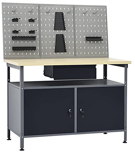 Gecheer Werkbank Werkstatteinrichtung Mit 1 Werkbank,3 Werkzeugwände,Werkstattschrank Werkstattwand Lochwand 120 x 60 x 85 cm Mit offen Fach und Schublade,Tragkraft 300 kg