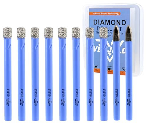 VENJELD Dry Diamond Drill Bits Set - 6mm 8Pcs Tile Hole Saw Kit and 2Pcs 6mm Carbide Drill Bit for Ceramic Porcelain Tile Marble Granite - Round Shank with Storage Case
