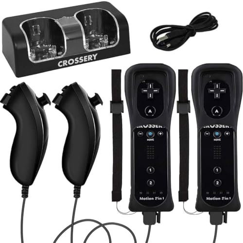 Wii Remote and Nunchuck Controller Bundle with Charging Dock - 2 Pack Motion Plus Remotes, 2 Nunchucks, 1 Charging Station, Compatible with Nintendo Wii & Wii U - Black