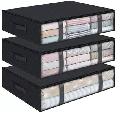 Underbed Storage Bags Clothes Storage Boxes - 40L Foldable Bedding Storage Containers with Reinforced Handles and Zippers Under Bed Storage Box for Blankets, Comforters, Bedding 3PACK (Black)
