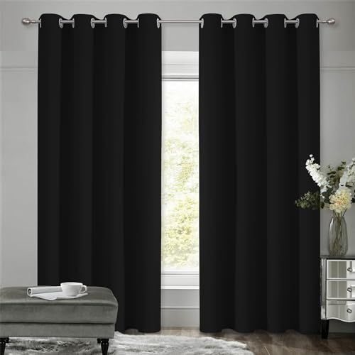 VEHEDE Thermovorhang Kälteschutz Blickdichte Vorhänge, Gardinen mit Ösen Wohnzimmer, Schallschutz Verdunklungsvorhänge Kinderzimmer, Raumteiler Vorhang, H 160 x B 140 cm, Schwarz, 2er Set