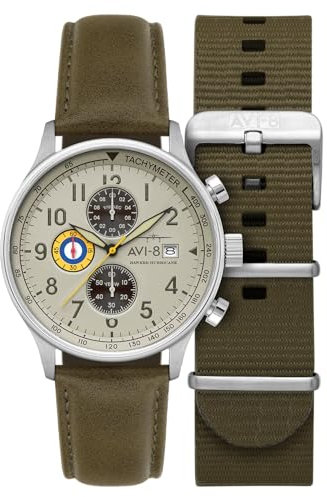 AVI-8 Hawker Hurricane Herren-Chronograph, 43,5 mm, mit Lederband, AV-4011, kakigrün