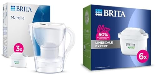 BRITA Marella Water Filter Jug Starter Pack - White (2.4L) incl. 3x MAXTRA PRO All-in-1 & MAXTRA PRO Limescale Expert Water Filter Cartridge 6 Pack (NEW) - Original refill