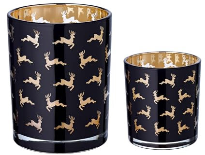 EDZARD 2er-Set Teelichtglas Luna (Höhe 8 & 13 cm), schwarz, Hirsch-Motiv