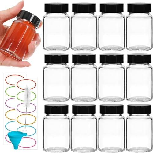 TOEKSIX 60ml/2oz Glass Shot Bottles with Black Caps 12Pack for Liquids, Juicing, Ginger, Wellness Shot, Sample - 60ml Reusable Clear Glass Shot Bottles with Screw Caps