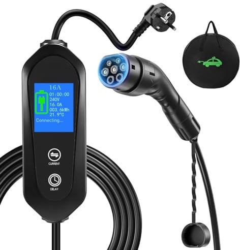 Yigowyigo 15 Meter Ladekabel Elektroauto Typ 2 Schuko, 6/8/10/13/16 A EV-Ladegerät Typ 2 mit Display, IP67, IEC 62196-2, Portable Mobile Wallbox Typ 2 Ladekabel mit Tasche