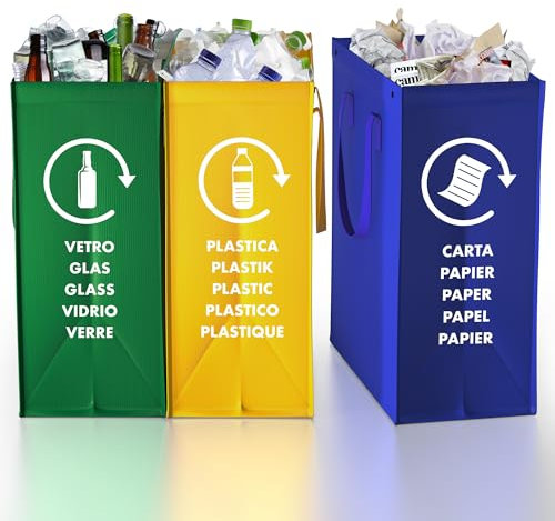 TP HOME® Cubos de basura de reciclaje - 3 Cubo de basura cocina para Papel, Plástico y Vidrio - Set de Cubo basura reciclaje con 3 Compartimentos - Bolsas para reciclar - Cubo reciclaje