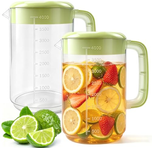Nexboraque 2 Pack 1 Gallon Plastic Straining Pitcher with Lid and Handle - Measurements, Ideal for Cold Drinks, Iced Tea and Beverages - Green