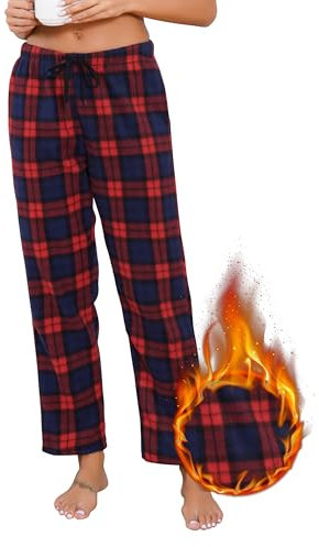 Sopesil Pantalon Pyjama Femme Hiver à Carreaux Classique Bas de Pyjama Long en Polaire Doux et Chaud Pantalon Pyjama Noël Femmes avec Poches et Cordon de Serrage,L,Bleu-Rouge