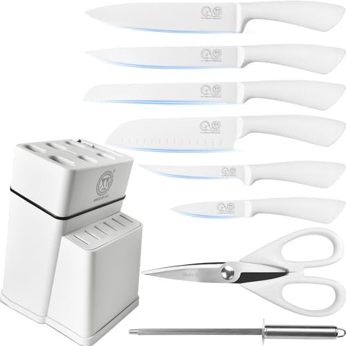 XYJ Authentic Since 1986, Stainless Steel Kitchen Knives Set With Knife Holder, Professional Knife Block Set, White Color Kitchen Knives, Meat Cleaver Slicing Cooking Knife Kitchen Cutlery Tools