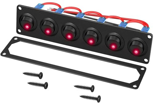 Panel de interruptor de 6 bandas, Panel de interruptor de luz basculante de 12V, 3 pines, 12 VDC, 20A, interruptor de encendido y apagado SPST for barco marino, coche y camión(Red Switch Panel)