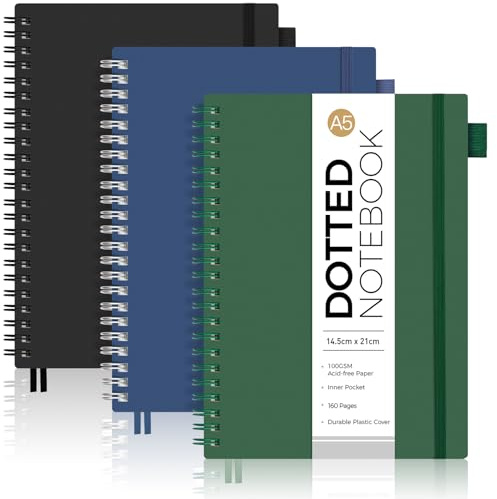 AUTEMPO Dotted Journal A5-Notizbuch, 3 Stück, Punktraster, Spiralnotizbücher, 80 Blatt/160 Seiten zum Schreiben, 100 g/m² dickes Papier, PVC-Hardcover, 14,5 x 21 cm, Schwarz, Grün, Blau