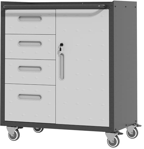 BIZOEIRON Metall-Lagerschrank mit Rädern, Garagen-Lagerschrank mit 1 Tür und 4 Schubladen, Rollender Werkzeuglagerschrank, Montage Erforderlich, Schwarz & Grau