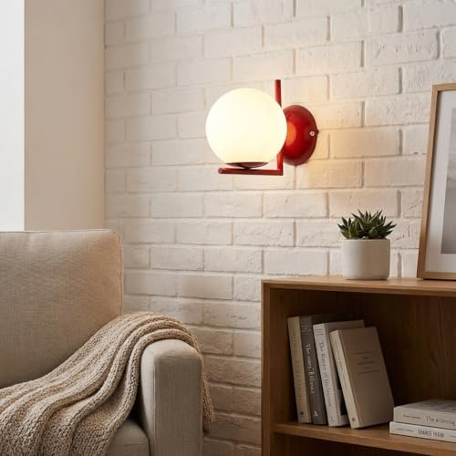 BARCELONA LED Wandleuchte ATOM Weißes Glaskugel Ø15cm E27, Kleine Wandlampe mit L-förmigem rotem Aluminiumhalter, Klassisch, Modern, Retro und Luxuriös, Dekorative Innenbeleuchtung