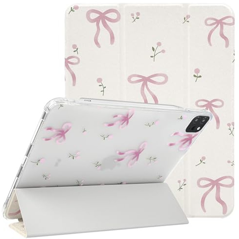 Lovmooful Hülle für iPad Pro 12.9(6./5./4./3.Gen) Schleife Blume-Weiß&Rosa | für iPad Pro 12.9 (6./5./4./3. Gen),Cute Band Floral Design,Stifthalter,Ästhetisches Trifold Ständer Schutzhülle
