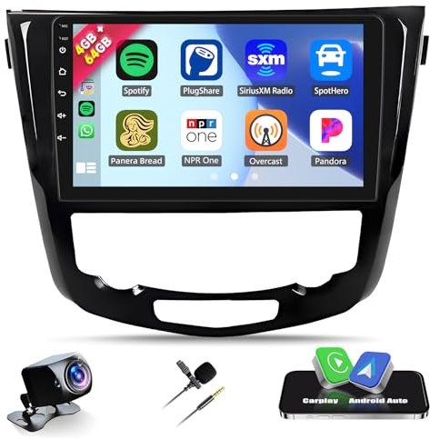 4G+64G Radio Coche GPS para Nissan Qashqai J11 X-Trail T32 2014-2018 con Carplay Android Auto Navegador,Pantalla de 10 Pulgadas Android Radio con Bluetooth Mirror Link WiFi/FM/RDS+Cámara Trasera