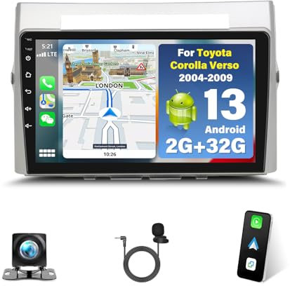Surakey 2G+32G Android 13 Autoradio für Toyota Corolla Verso 2004-2009 mit Wireless CarPlay Android Auto 9 Zoll Radio mit Bluetooth GPS WiFi FM RDS Lenkradkontrolle Mikrofone Rückfahrkamera