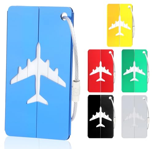 O OLAX 6 Stück Kofferanhänger Aluminium – Gepäckanhänger in 6 Farben mit Adressschild & Edelstahldraht, Namensschilder für Koffer, Rucksack, Reisetasche, Luggage Tags für Flugreise