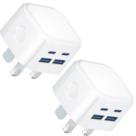 USB C Plug,2Pack 40W Fast Charger Plug 4-Port Multi USB and Type C Adaptor UK Charging Compatible with iPhone 16/16 Pro 15 14 13 12 Pro Max Plus iPad,Multiport USBC Wall Plug Power Adapter Mains Head