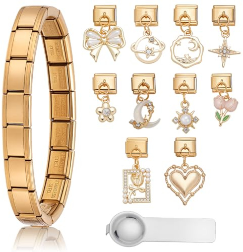 WEBEEDY Gold Italian Charm Bracelet Set with 10 Charms and Opening Tool, Adjustable DIY Diamond Pendant Charm Bracelet Link Handmade Stainless Steel DIY Module Jewelry Gifts for Women & Men