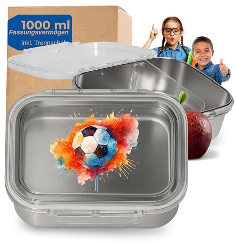 Edelstahl Brotdose Kinder 1000 ml - Brotbox 'Storage' mit Trennwand - BPA-freie Brotdose Kinder mit Fächern - Vesperbox für Schule und Kindergarten - Lunchbox mit Motiv, Farbe:Motiv Fußball